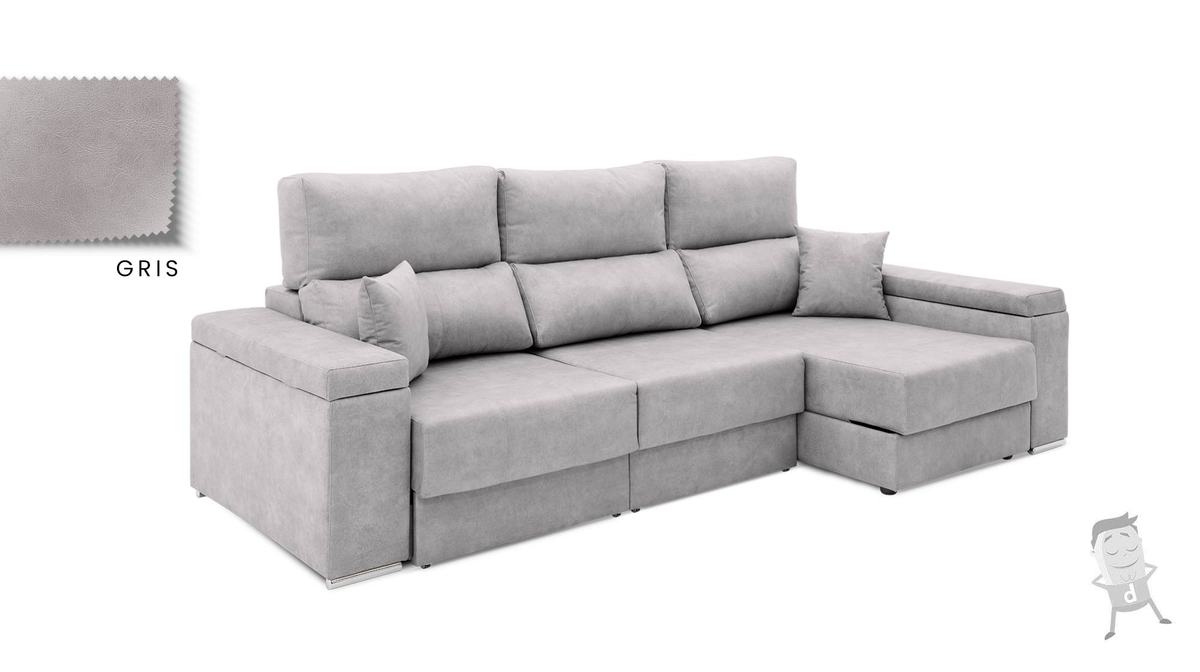 Sofá chaise longue gris claro con asientos deslizantes y brazo puff