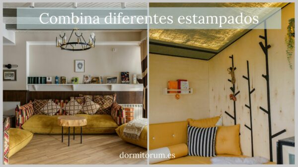 combina diferentes estampados - decoracion salon con sofa mostaza