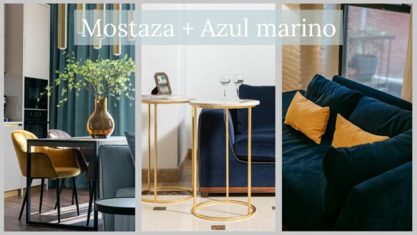 mostaza + azul marino - decoracion salon con sofa mostaza