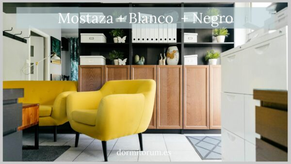 mostaza blanco y negro - decoracion salon con sofa mostaza
