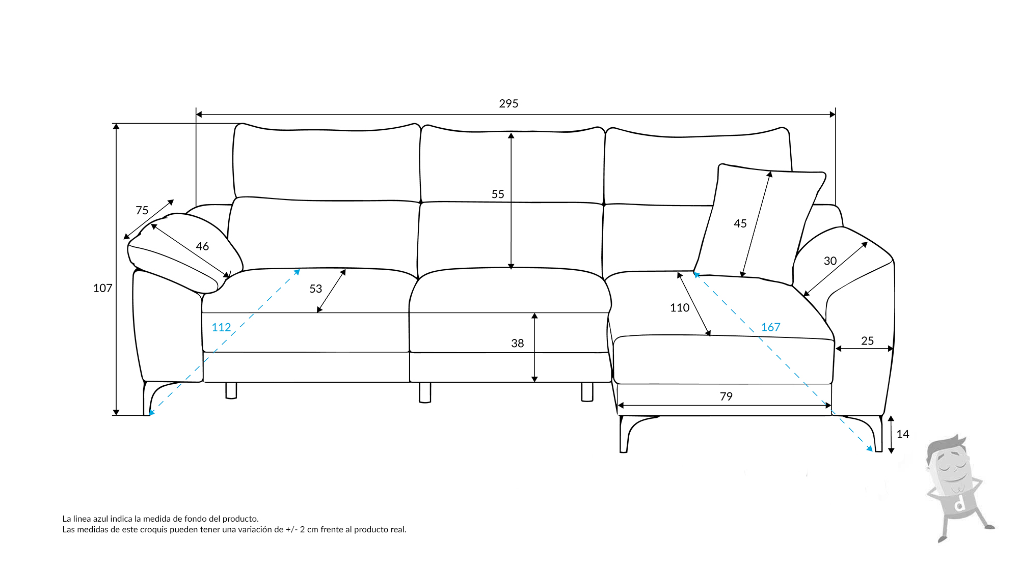 Medidas Detalladas Sofá Cama Chaise Longue Elena
